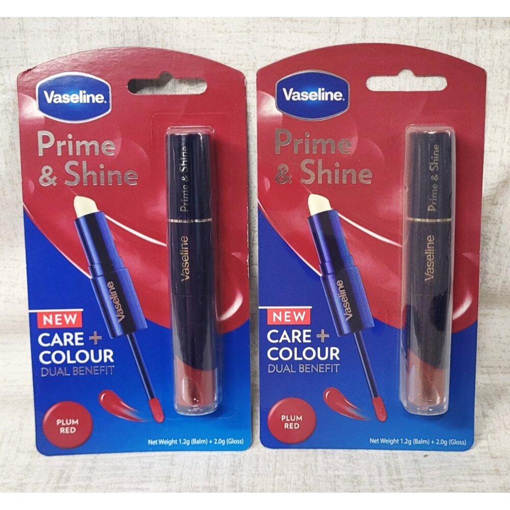 2 x Vaseline Prime & Shine 2-in-1 Lip Balm Primer & Colored Gloss Duo PLUM RED